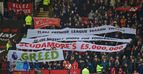 WATFORD, ENGLAND - Saturday, November 24, 2018: Liverpool supporters display banners against Richard Scrudamore's £5m bonus before the FA Premier League match between Watford FC and Liverpool FC at Vicarage Road. (Pic by David Rawcliffe/Propaganda)