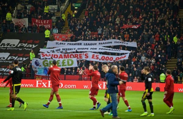 WATFORD, ENGLAND - Saturday, November 24, 2018: Players walk past Liverpool supporters displaying banners against Richard Scrudamore's £5m bonus before the FA Premier League match between Watford FC and Liverpool FC at Vicarage Road. (Pic by David Rawcliffe/Propaganda)