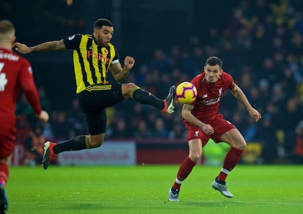 WATFORD, ENGLAND - Saturday, November 24, 2018: Watford's captain Troy Deeney (L) and Liverpool's Dejan Lovren during the FA Premier League match between Watford FC and Liverpool FC at Vicarage Road. (Pic by David Rawcliffe/Propaganda)