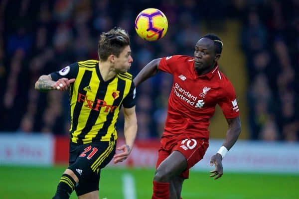 WATFORD, ENGLAND - Saturday, November 24, 2018: Watford's Kiko Femenía (L) and Liverpool's Sadio Mane during the FA Premier League match between Watford FC and Liverpool FC at Vicarage Road. (Pic by David Rawcliffe/Propaganda)