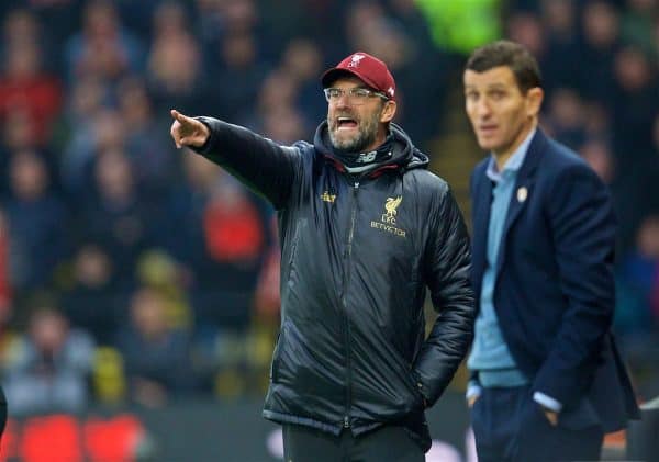 WATFORD, ENGLAND - Saturday, November 24, 2018: Liverpool's manager Jürgen Klopp reacts during the FA Premier League match between Watford FC and Liverpool FC at Vicarage Road. (Pic by David Rawcliffe/Propaganda)