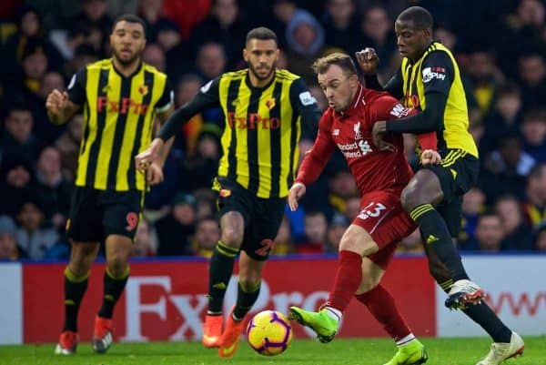 WATFORD, ENGLAND - Saturday, November 24, 2018: Liverpool's Xherdan Shaqiri surrounded by three Watford players during the FA Premier League match between Watford FC and Liverpool FC at Vicarage Road. (Pic by David Rawcliffe/Propaganda)