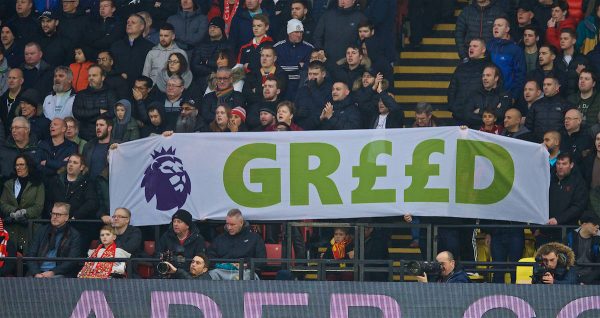 WATFORD, ENGLAND - Saturday, November 24, 2018: Liverpool supporters display banners against Richard Scrudamore's £5m bonus before the FA Premier League match between Watford FC and Liverpool FC at Vicarage Road. (Pic by David Rawcliffe/Propaganda)