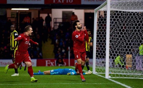 WATFORD, ENGLAND - Saturday, November 24, 2018: Liverpool's Mohamed Salah celebrates scoring the first goal during the FA Premier League match between Watford FC and Liverpool FC at Vicarage Road. (Pic by David Rawcliffe/Propaganda)