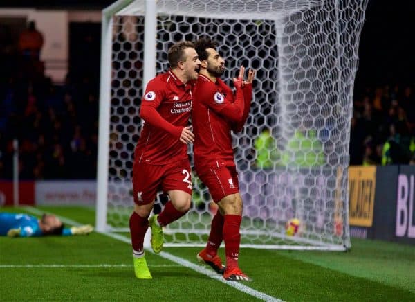 WATFORD, ENGLAND - Saturday, November 24, 2018: Liverpool's Mohamed Salah celebrates scoring the first goal with team-mate Xherdan Shaqiri during the FA Premier League match between Watford FC and Liverpool FC at Vicarage Road. (Pic by David Rawcliffe/Propaganda)