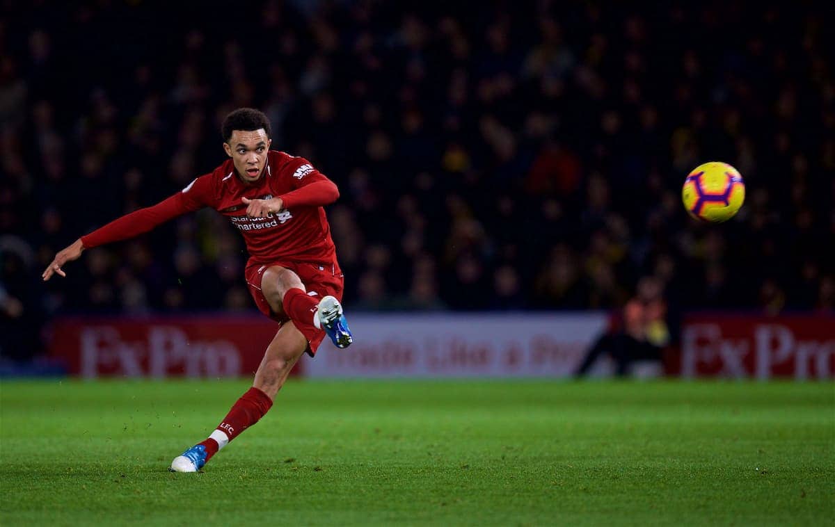 WATFORD, ENGLAND - Saturday, November 24, 2018: Liverpool's Trent Alexander-Arnold scores the second goal during the FA Premier League match between Watford FC and Liverpool FC at Vicarage Road. (Pic by David Rawcliffe/Propaganda)