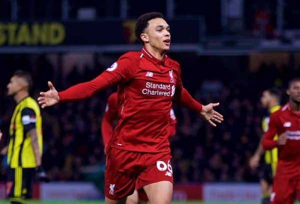 WATFORD, ENGLAND - Saturday, November 24, 2018: Liverpool's Trent Alexander-Arnold celebrates scoring the second goal during the FA Premier League match between Watford FC and Liverpool FC at Vicarage Road. (Pic by David Rawcliffe/Propaganda)