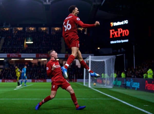 WATFORD, ENGLAND - Saturday, November 24, 2018: Liverpool's Trent Alexander-Arnold celebrates scoring the second goal during the FA Premier League match between Watford FC and Liverpool FC at Vicarage Road. (Pic by David Rawcliffe/Propaganda)