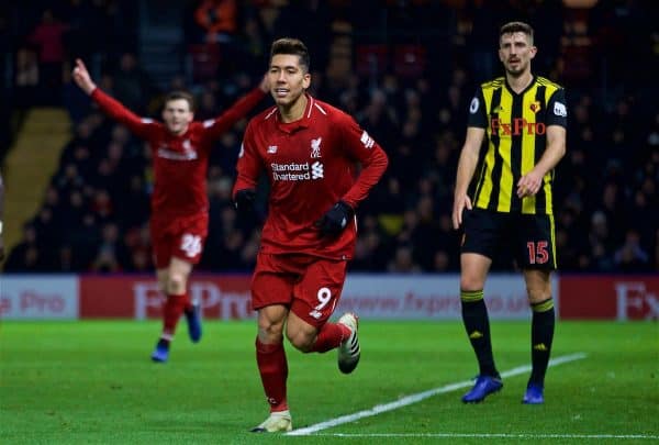 WATFORD, ENGLAND - Saturday, November 24, 2018: Liverpool's Roberto Firmino celebrates scoring the third goal during the FA Premier League match between Watford FC and Liverpool FC at Vicarage Road. (Pic by David Rawcliffe/Propaganda)