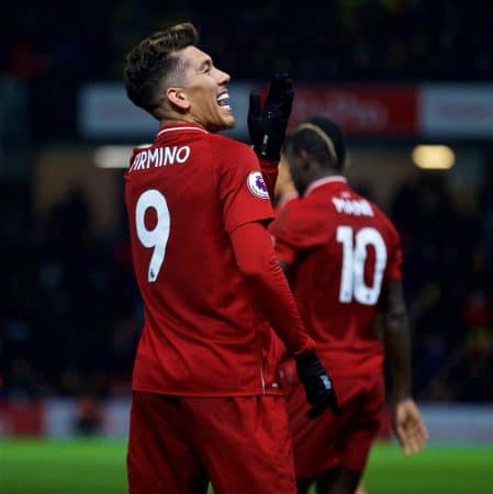 WATFORD, ENGLAND - Saturday, November 24, 2018: Liverpool's Roberto Firmino celebrates scoring the third goal during the FA Premier League match between Watford FC and Liverpool FC at Vicarage Road. (Pic by David Rawcliffe/Propaganda)