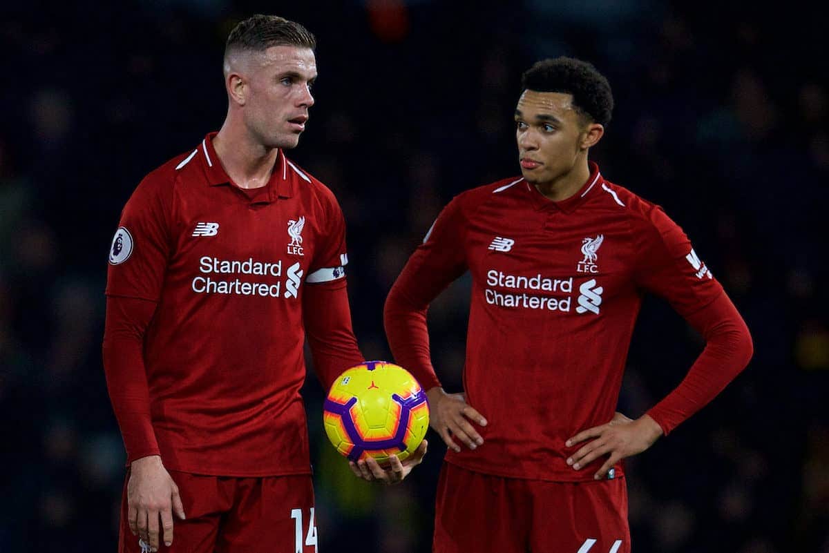 WATFORD, ENGLAND - Saturday, November 24, 2018: Liverpool's captain Jordan Henderson with the ball but Trent Alexander-Arnold takes it off him to score from a free-kick during the FA Premier League match between Watford FC and Liverpool FC at Vicarage Road. (Pic by David Rawcliffe/Propaganda)