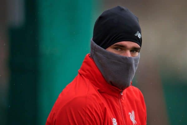 LIVERPOOL, ENGLAND - Tuesday, November 27, 2018: Liverpool's goalkeeper Alisson Becker during a training session at Melwood ahead of the UEFA Champions League Group C match between Paris Saint-Germain and Liverpool FC. (Pic by David Rawcliffe/Propaganda)