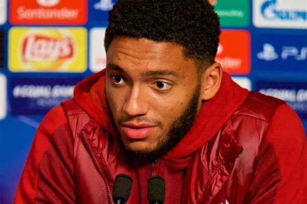 PARIS, FRANCE - Tuesday, November 27, 2018: Liverpool's Joe Gomez during a press conference at Parc des Princes ahead of the UEFA Champions League Group C match between Paris Saint-Germain and Liverpool FC. (Pic by David Rawcliffe/Propaganda)