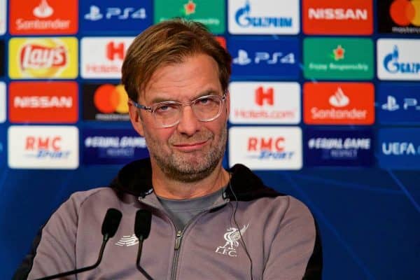 PARIS, FRANCE - Tuesday, November 27, 2018: Liverpool's manager Jürgen Klopp during a press conference at Parc des Princes ahead of the UEFA Champions League Group C match between Paris Saint-Germain and Liverpool FC. (Pic by David Rawcliffe/Propaganda)