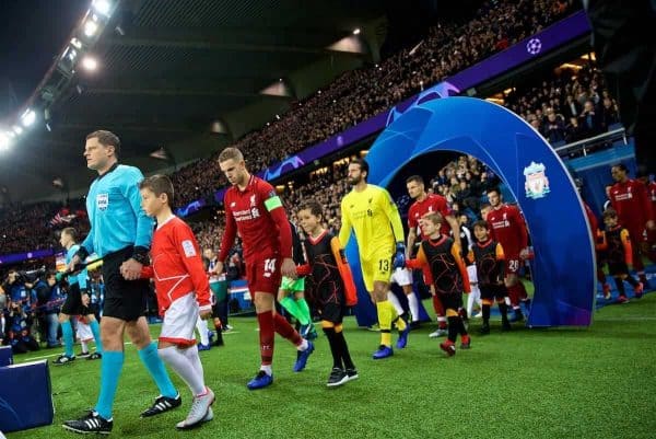 PARIS, FRANCE - Wednesday, November 28, 2018: Liverpool's captain Jordan Henderson leads his team out before the UEFA Champions League Group C match between Paris Saint-Germain and Liverpool FC at Parc des Princes. (Pic by David Rawcliffe/Propaganda)