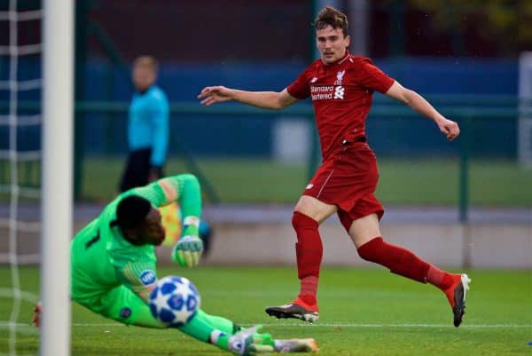 SAINT-GERMAIN-EN-LAYE, FRANCE - Wednesday, November 28, 2018: Liverpool's Liam Millar scores the first goal during the UEFA Youth League Group C match between Paris Saint-Germain Under-19's and Liverpool FC Under-19's at Stade Georges-Lefèvre. (Pic by David Rawcliffe/Propaganda)