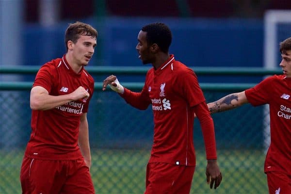 SAINT-GERMAIN-EN-LAYE, FRANCE - Wednesday, November 28, 2018: Liverpool's Liam Millar (L) celebrates scoring the first goal with team-mates Rafael Camacho (C) and captain Adam Lewis (R) during the UEFA Youth League Group C match between Paris Saint-Germain Under-19's and Liverpool FC Under-19's at Stade Georges-LefËvre. (Pic by David Rawcliffe/Propaganda)