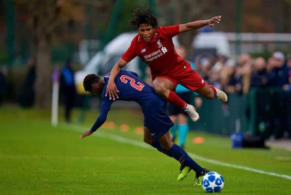 SAINT-GERMAIN-EN-LAYE, FRANCE - Wednesday, November 28, 2018: Liverpool's Yasser Larouci (R) and Paris Saint-Germain's Romaric Yapi during the UEFA Youth League Group C match between Paris Saint-Germain Under-19's and Liverpool FC Under-19's at Stade Georges-Lefèvre. (Pic by David Rawcliffe/Propaganda)