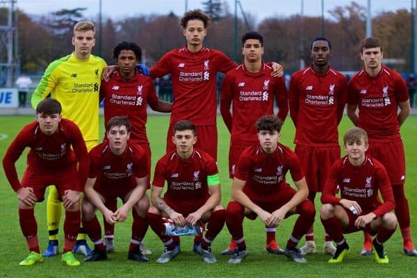 SAINT-GERMAIN-EN-LAYE, FRANCE - Wednesday, November 28, 2018: Liverpool's players line-up for a team group photograph before before the UEFA Youth League Group C match between Paris Saint-Germain Under-19's and Liverpool FC Under-19's at Stade Georges-LefËvre. (Pic by David Rawcliffe/Propaganda)