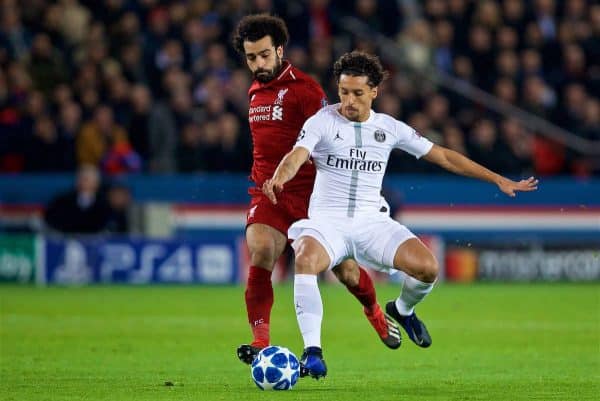 PARIS, FRANCE - Wednesday, November 28, 2018: Liverpool's Mohamed Salah (L) and Paris Saint-Germain's Marcos Aoás Corrêa 'Marquinhos' during the UEFA Champions League Group C match between Paris Saint-Germain and Liverpool FC at Parc des Princes. (Pic by David Rawcliffe/Propaganda)