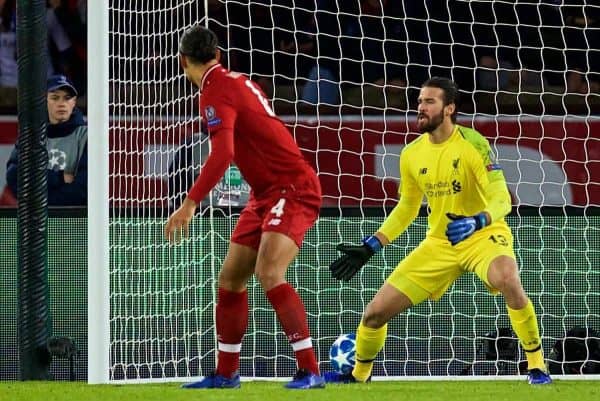 PARIS, FRANCE - Wednesday, November 28, 2018: Liverpool's goalkeeper Alisson Becker looks dejected after conceding the first goal during the UEFA Champions League Group C match between Paris Saint-Germain and Liverpool FC at Parc des Princes. (Pic by David Rawcliffe/Propaganda)