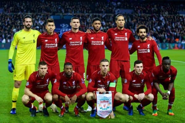 PARIS, FRANCE - Wednesday, November 28, 2018: Liverpool's players line-up for a team group photograph before the UEFA Champions League Group C match between Paris Saint-Germain and Liverpool FC at Parc des Princes. Back row L-R: goalkeeper Alisson Becker, Roberto Firmino, Dejan Lovren, Joe Gomez, Virgil van Dijk, Mohamed Salah. Front row L-R: James Milner, Georginio Wijnaldum, captain Jordan Henderson, Andy Robertson, Sadio Mane. (Pic by David Rawcliffe/Propaganda)