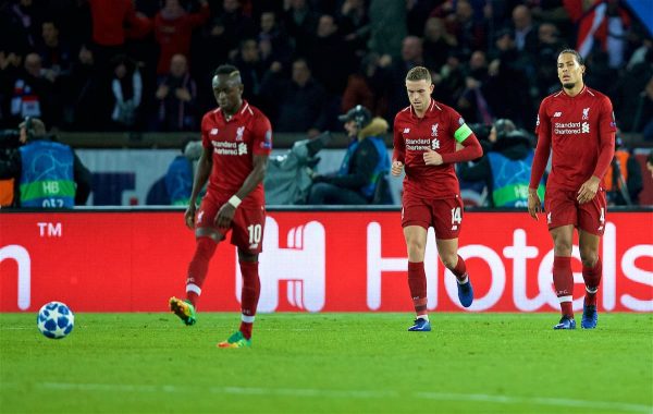 PARIS, FRANCE - Wednesday, November 28, 2018: Liverpool's Sadio Mane (L), captain Jordan Henderson (C) and Virgil van Dijk (R) looks dejected as Paris Saint-Germain scores the second goal during the UEFA Champions League Group C match between Paris Saint-Germain and Liverpool FC at Parc des Princes. (Pic by David Rawcliffe/Propaganda)