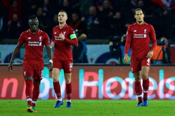 PARIS, FRANCE - Wednesday, November 28, 2018: Liverpool's Sadio Mane (L), captain Jordan Henderson (C) and Virgil van Dijk (R) looks dejected as Paris Saint-Germain scores the second goal during the UEFA Champions League Group C match between Paris Saint-Germain and Liverpool FC at Parc des Princes. (Pic by David Rawcliffe/Propaganda)