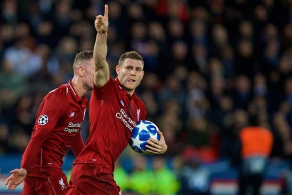 PARÍS, FRANCIA - Miércoles, 28 de noviembre de 2018: El capitán del Liverpool, James Milner, celebra marcar el primer gol durante el partido del Grupo C de la Liga de Campeones de la UEFA entre el Paris Saint-Germain y el Liverpool FC en el Parc des Princes.  (Foto de David Rawcliffe/Propaganda)