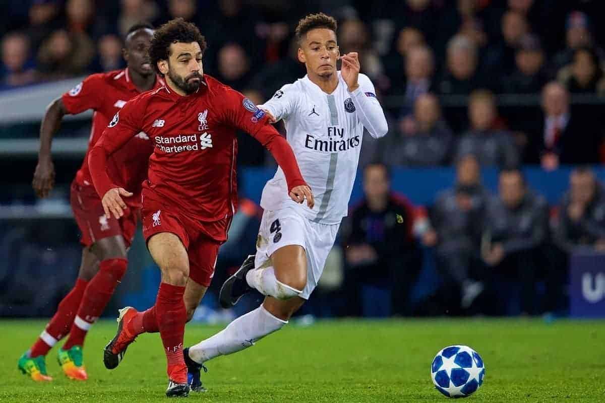 PARIS, FRANCE - Wednesday, November 28, 2018: Liverpool's Mohamed Salah (L) and Paris Saint-Germain's Thilo Kehrer during the UEFA Champions League Group C match between Paris Saint-Germain and Liverpool FC at Parc des Princes. (Pic by David Rawcliffe/Propaganda)