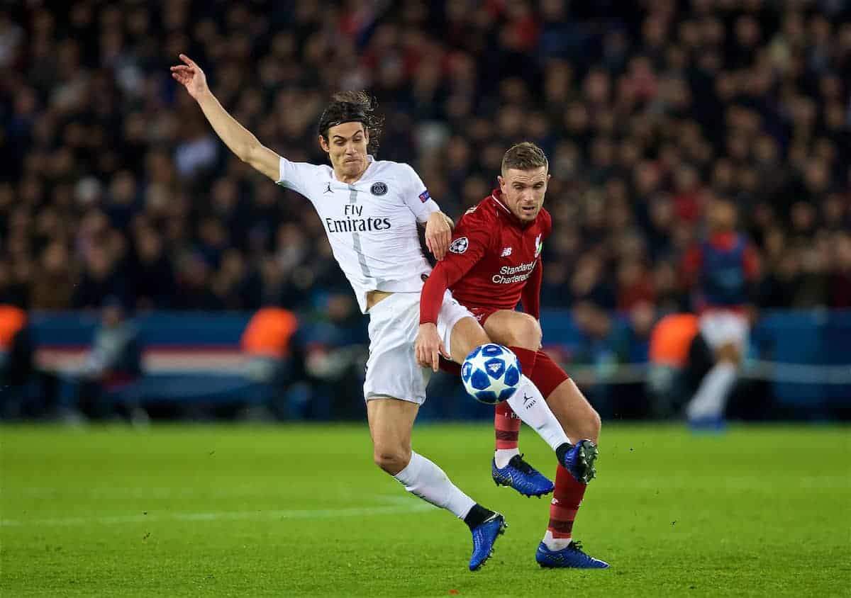 PARIS, FRANCE - Wednesday, November 28, 2018: Paris Saint-Germain's Edinson Cavani (L) and Liverpool's captain Jordan Henderson during the UEFA Champions League Group C match between Paris Saint-Germain and Liverpool FC at Parc des Princes. (Pic by David Rawcliffe/Propaganda)