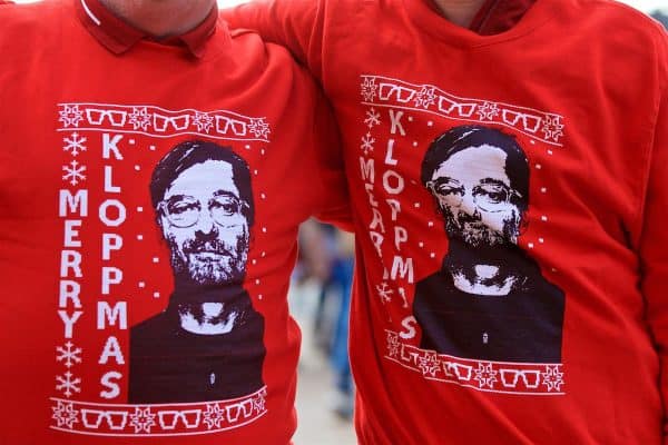 LIVERPOOL, ENGLAND - Sunday, December 2, 2018: Two Liverpool supporters wearing Christmas jumpers featuring Jürgen Klopp "Merry Kloppmas" before the FA Premier League match between Liverpool FC and Everton FC at Anfield, the 232nd Merseyside Derby. (Pic by Paul Greenwood/Propaganda)