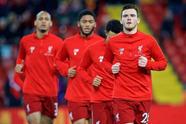 LIVERPOOL, ENGLAND - Sunday, December 2, 2018: Liverpool's Andy Robertson during the pre-match warm-up before the FA Premier League match between Liverpool FC and Everton FC at Anfield, the 232nd Merseyside Derby. (Pic by Paul Greenwood/Propaganda)