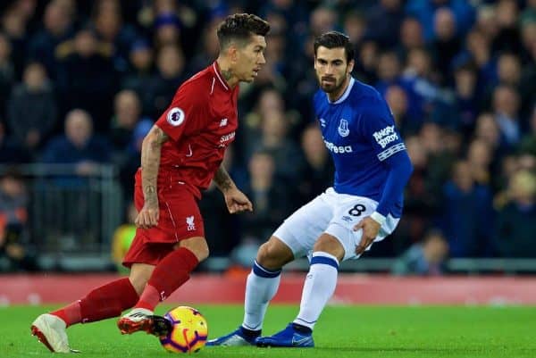 LIVERPOOL, ENGLAND - Sunday, December 2, 2018: Liverpool's Roberto Firmino (L) and Everton's Andre Gomes during the FA Premier League match between Liverpool FC and Everton FC at Anfield, the 232nd Merseyside Derby. (Pic by Paul Greenwood/Propaganda)