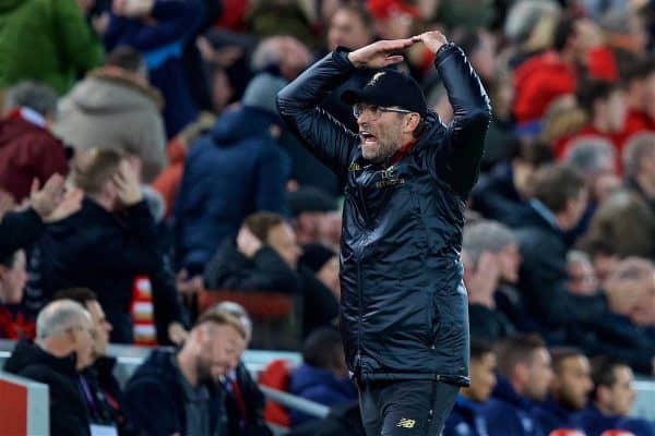 LIVERPOOL, ENGLAND - Sunday, December 2, 2018: Liverpool's manager Jürgen Klopp reacts during the FA Premier League match between Liverpool FC and Everton FC at Anfield, the 232nd Merseyside Derby. (Pic by Paul Greenwood/Propaganda)