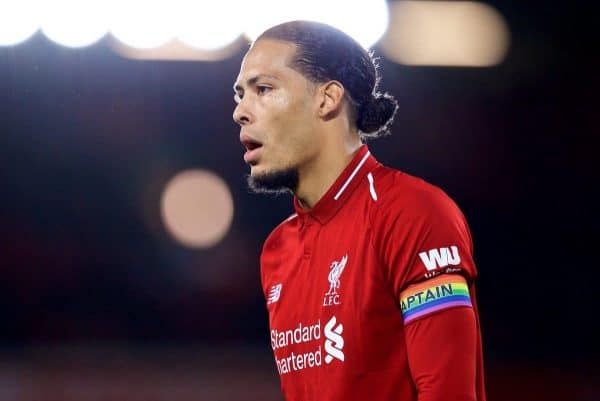 LIVERPOOL, ENGLAND - Sunday, December 2, 2018: Liverpool's Virgil van Dijk wearing a rainbow coloured captain's armband during the FA Premier League match between Liverpool FC and Everton FC at Anfield, the 232nd Merseyside Derby. (Pic by Paul Greenwood/Propaganda)