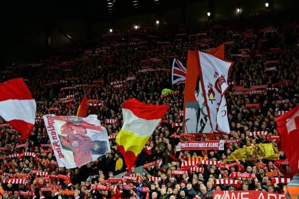 LIVERPOOL, ENGLAND - Sunday, December 2, 2018: Liverpool supporters on the Spion Kop before the FA Premier League match between Liverpool FC and Everton FC at Anfield, the 232nd Merseyside Derby. (Pic by Paul Greenwood/Propaganda)