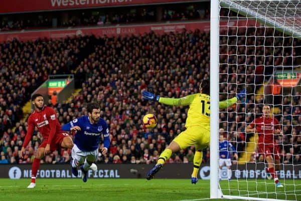 LIVERPOOL, ENGLAND - Sunday, December 2, 2018: Liverpool's goalkeeper Alisson Becker makes a save from Everton's Andre Gomes during the FA Premier League match between Liverpool FC and Everton FC at Anfield, the 232nd Merseyside Derby. (Pic by Paul Greenwood/Propaganda)