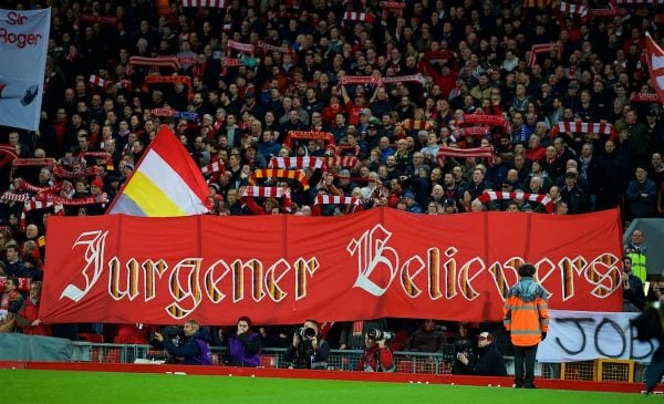 LIVERPOOL, ENGLAND - Sunday, December 2, 2018: Liverpool supporters' banner "Jurgener Believers" during the FA Premier League match between Liverpool FC and Everton FC at Anfield, the 232nd Merseyside Derby. (Pic by Paul Greenwood/Propaganda)