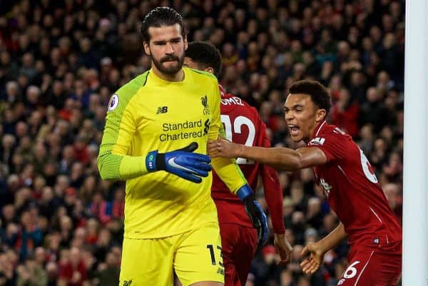 LIVERPOOL, ENGLAND - Sunday, December 2, 2018: Liverpool's Trent Alexander-Arnold congratulates goalkeeper Alisson Becker on a save during the FA Premier League match between Liverpool FC and Everton FC at Anfield, the 232nd Merseyside Derby. (Pic by Paul Greenwood/Propaganda)