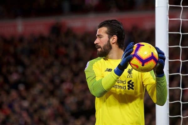 LIVERPOOL, ENGLAND - Sunday, December 2, 2018: Liverpool's goalkeeper Alisson Becker during the FA Premier League match between Liverpool FC and Everton FC at Anfield, the 232nd Merseyside Derby. (Pic by Paul Greenwood/Propaganda)