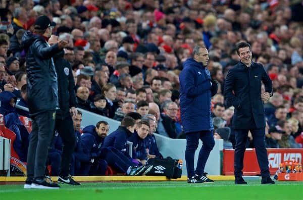 LIVERPOOL, ENGLAND - Sunday, December 2, 2018: manager Marco Silva's manager Marco Silva (R) laughs with Liverpool's manager Jürgen Klopp during the FA Premier League match between Liverpool FC and Everton FC at Anfield, the 232nd Merseyside Derby. (Pic by Paul Greenwood/Propaganda)