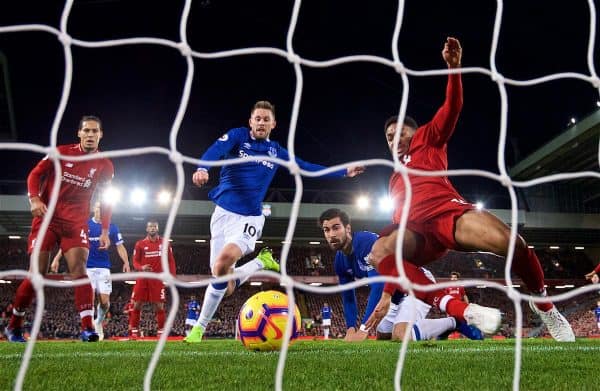 LIVERPOOL, ENGLAND - Sunday, December 2, 2018: Liverpool's Joe Gomez clears the ball off the line from Everton's captain Gylfi Sigurdsson and Andre Gomes during the FA Premier League match between Liverpool FC and Everton FC at Anfield, the 232nd Merseyside Derby. (Pic by Paul Greenwood/Propaganda)