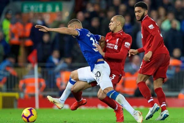 LIVERPOOL, ENGLAND - Sunday, December 2, 2018: Liverpool's Fabio Henrique Tavares 'Fabinho' tackles Everton's Richarlison de Andrade during the FA Premier League match between Liverpool FC and Everton FC at Anfield, the 232nd Merseyside Derby. (Pic by Paul Greenwood/Propaganda)