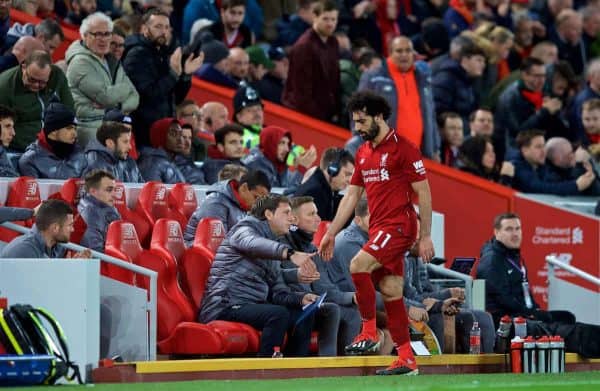 LIVERPOOL, ENGLAND - Sunday, December 2, 2018: Liverpool's Mohamed Salah walks to the bench dejected as he is substituted during the FA Premier League match between Liverpool FC and Everton FC at Anfield, the 232nd Merseyside Derby. (Pic by Paul Greenwood/Propaganda)