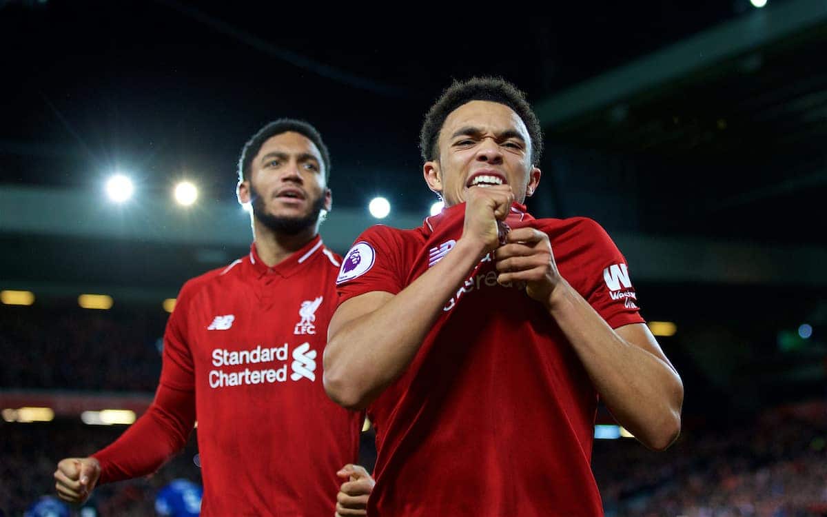 LIVERPOOL, ENGLAND - Sunday, December 2, 2018: Liverpool's Trent Alexander-Arnold (R) and Joe Gomez celebrate after a dramatic injury time 1-0 victory over Everton during the FA Premier League match between Liverpool FC and Everton FC at Anfield, the 232nd Merseyside Derby. (Pic by Paul Greenwood/Propaganda)