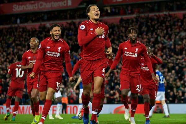 LIVERPOOL, ENGLAND - Sunday, December 2, 2018: Liverpool's Divock Origi (R) celebrates with team-mates Virgil van Dijk (C) and Joe Gomez (L) after his winning goal deep into injury time during the FA Premier League match between Liverpool FC and Everton FC at Anfield, the 232nd Merseyside Derby. Liverpool won 1-0. (Pic by Paul Greenwood/Propaganda)