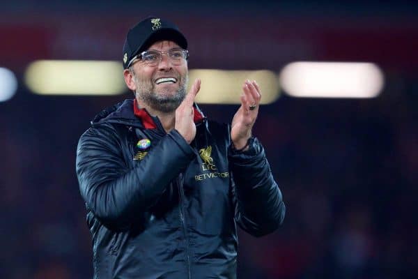 LIVERPOOL, ENGLAND - Sunday, December 2, 2018: Liverpool's manager J¸rgen Klopp celebrates after a dramatic late injury time victory during the FA Premier League match between Liverpool FC and Everton FC at Anfield, the 232nd Merseyside Derby. Liverpool won 1-0. (Pic by Paul Greenwood/Propaganda)