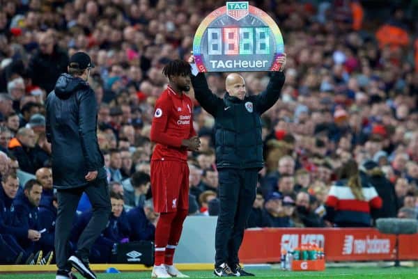 LIVERPOOL, ENGLAND - Sunday, December 2, 2018: Liverpool's Divock Origi prepares to come on as a substitute during the FA Premier League match between Liverpool FC and Everton FC at Anfield, the 232nd Merseyside Derby. (Pic by Paul Greenwood/Propaganda)