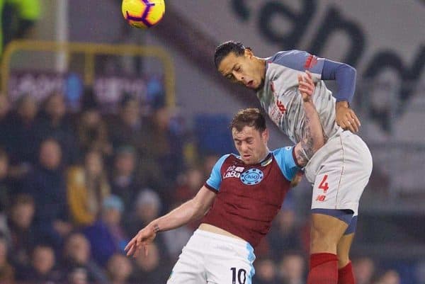 BURNLEY, ENGLAND - Wednesday, December 5, 2018: Burnley's Ashley Barnes(L) and Liverpool's Virgil van Dijk during the FA Premier League match between Burnley FC and Liverpool FC at Turf Moor. (Pic by David Rawcliffe/Propaganda)